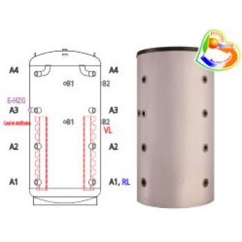 Ballon tampon à stratification SPSX 200, 200 litres avec 8 piquages hydrauliques (utilisation multiple) et emplacement résistance filetée
