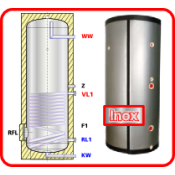 Ballon préparateur ecs, solaire ou chaudière, en acier inoxydable, simple serpentin HBS 150, 150 litres
