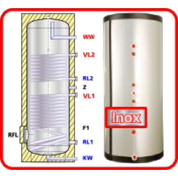 Ballon préparateur ecs, solaire et chaudière, en acier inoxydable avec deux registres de chauffe HSS 200, 200 litres