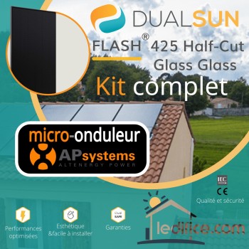 Kit photovoltaïque 1.275 kW Dualsun FLASH Half-Cut TR avec 3 panneaux Dualsun FLASH 425 Half-Cut Transparent  avec micro-onduleur APSystems Kit photovoltaïque 1.275 kW Dualsun FLASH Half-Cut TR avec 3 panneaux Dualsun FLASH 425 Half-Cut Transparent  avec micro-onduleur APSystems