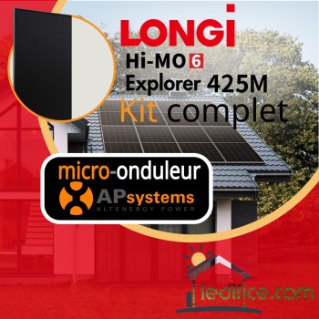 Kit photovoltaïque 1.7 kW LONG Explorer 425 avec 4 panneaux LONGI Hi-Mo 6 Full Black avec micro-onduleur APSystems Kit photovoltaïque 1.7 kW LONG Explorer 425 avec 4 panneaux LONGI Hi-Mo 6 Full Black avec micro-onduleur APSystems