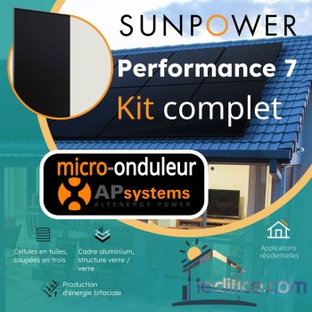 Kit photovoltaïque 6.3 kW SUNPOWER Performance 7 Bifacial avec 14 panneaux Sunpower Performance 7 450Wc , cadre noir, Biverre Bifacial avec micro-onduleur APSystems Kit photovoltaïque 6.3 kW SUNPOWER Performance 7 Bifacial avec 14 panneaux Sunpower Performance 7 450Wc , cadre noir, Biverre Bifacial avec micro-onduleur APSystems
